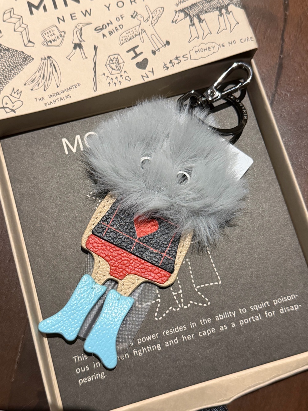 New / Unused Min & Mon Grey Fur Monster Keychain w / Heart and Blue Boots